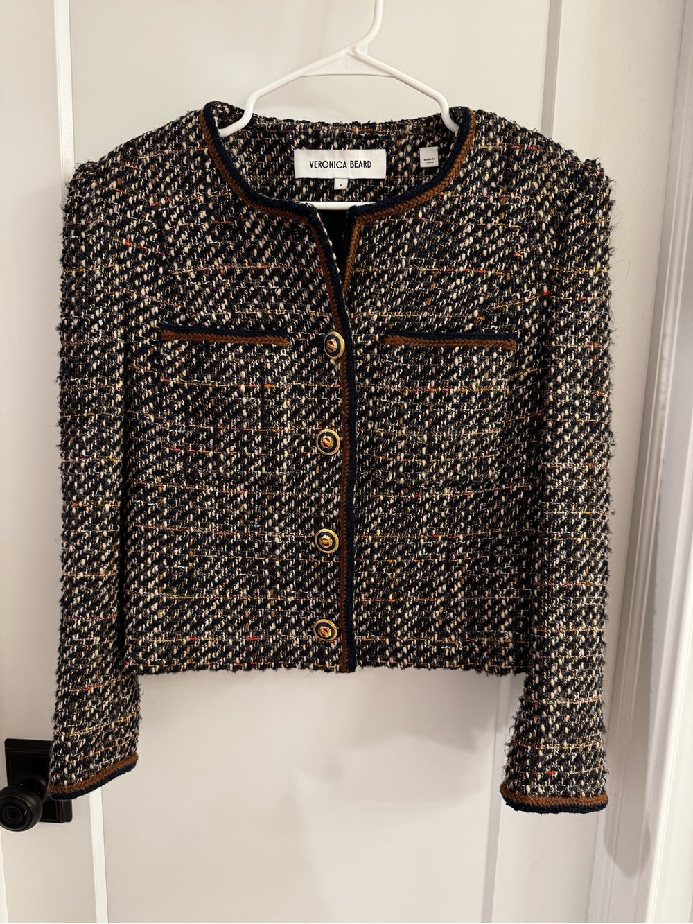 Veronica Beard Black Multicolor Tweed Cropped Button Jacket